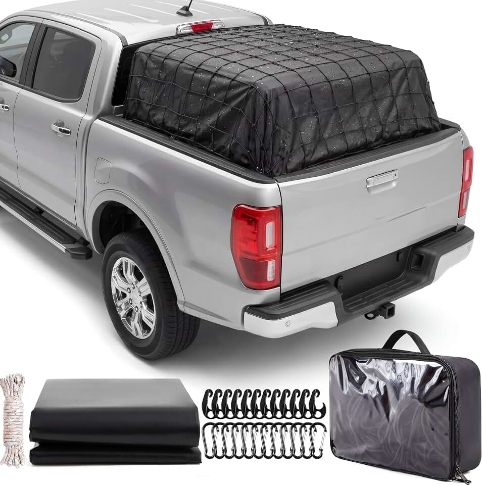 Tranqun 4.6'x6' XL Truck Bed Tarp & 4'x6' Cargo Net Expand to 8'x12', Black