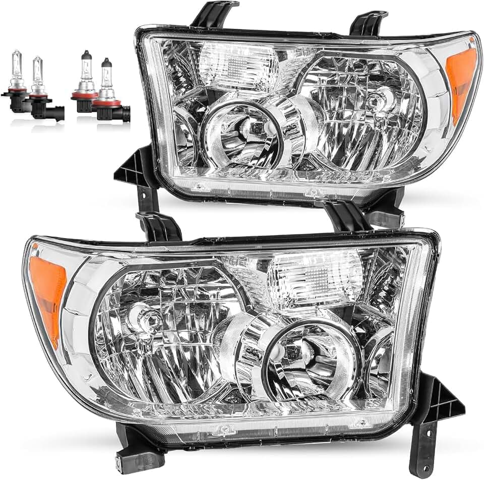 Headlights w/Bulbs Assembly For 2007 2008 2009 2010 2011 2012 2013 Toyota Tundra Head lights for 2008-2017 Sequoia Headlamp Halogen Replacement L+R, Chrome Hosuing Amber Coner Clear Lens