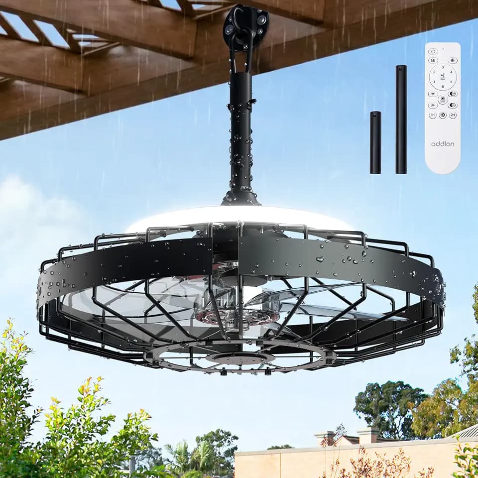 addlon 20" Outdoor Ceiling Fan with Light for Patio, IP65 Plug in Caged Fan
