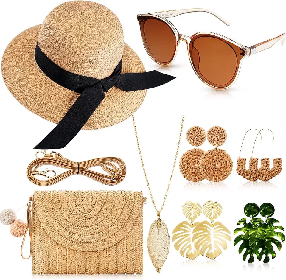 Jiuguva Shoulder Bag Crossbody Bag Women's Sun Straw Hat Retro Round Sunglasses Long Leaf Pendant Dangle Necklace 4 Pairs Bohemian Acrylic Rattan Metal Earrings Jewelry Set