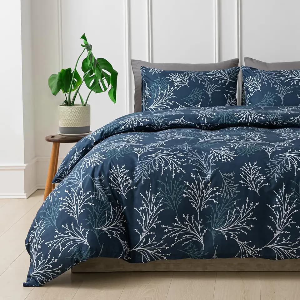 Tokokimo Bettbezugset für Super-King-Size-Bett, wendbares Design, 3-teilig, 100 % weiche Mikrofaser, 260 x 220 cm mit Kissenbezügen, pflegeleicht, bedruckt, Blau mit Pflanzen