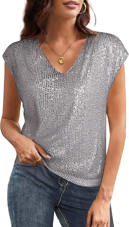GRACE KARIN Damen Pailletten Bluse V-Ausschnitt Glitzer Oberteile Kurzarm Vintage Paty-Bluse Cocktail Club Night Outfits