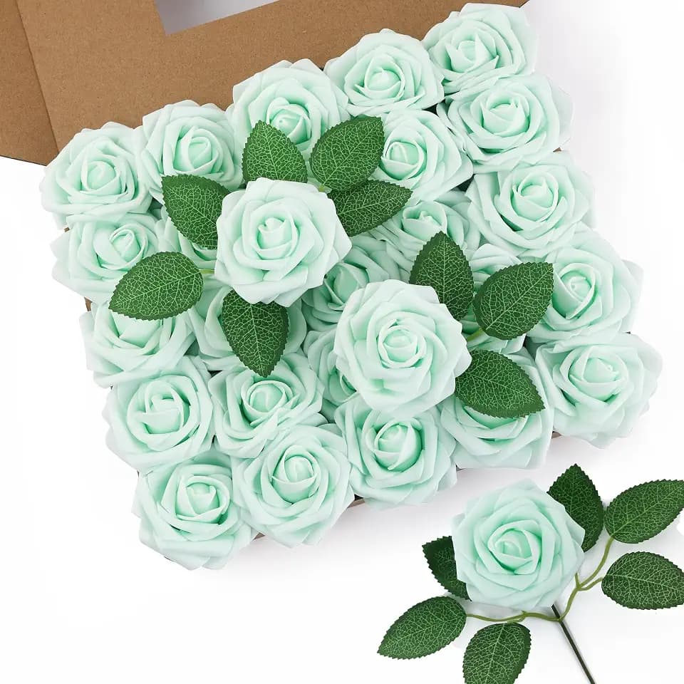 DuHouse 50Pcs Artificial Flowers Foam Roses with Stems(Mint Green)