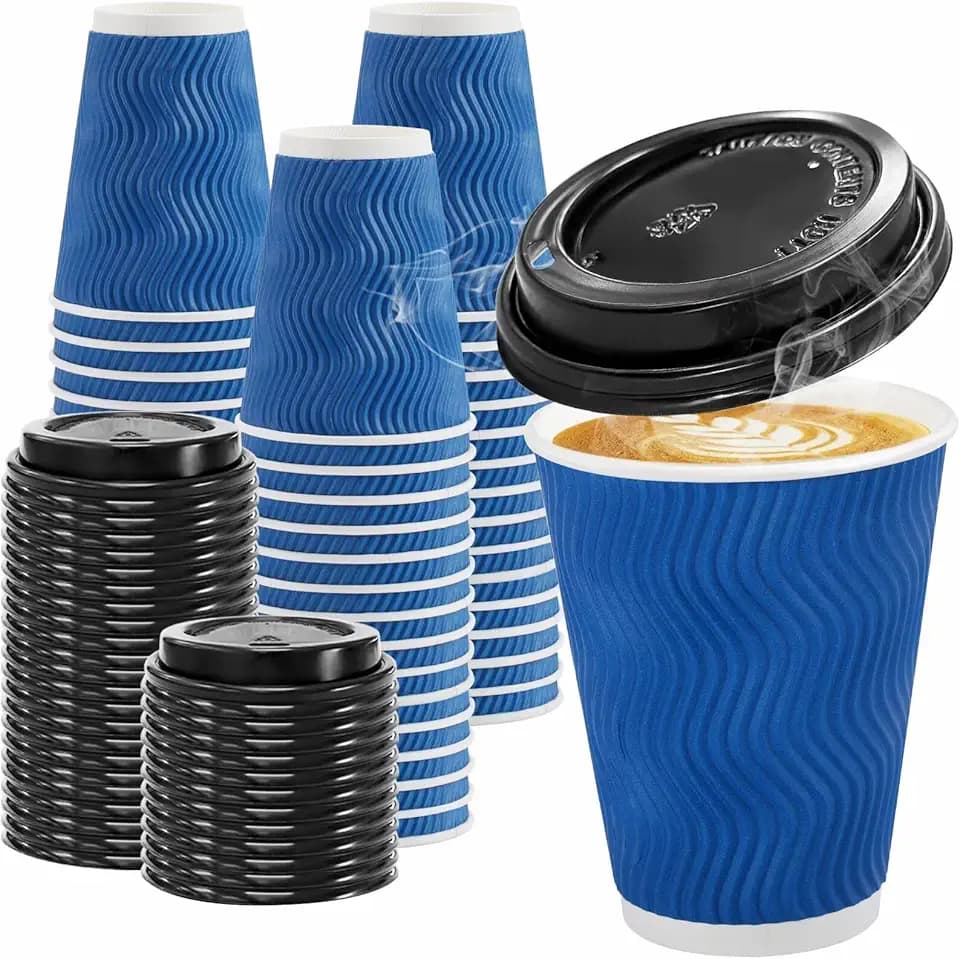 Clawsoff 100 Pack 12 oz Coffee Cups with Lids Disposable Insulated Cup Navy