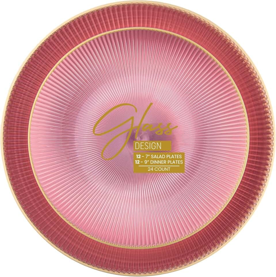 PLASTICPRO 24 Piece Translucent Pink With Gold Rim Glass Collection Plastic Dinner Plates Disposable Plastic Fancy Heavy Party Dishes 12, 7'' inch and 12, 9'' inch, Translucent Pink With Gold Rim
