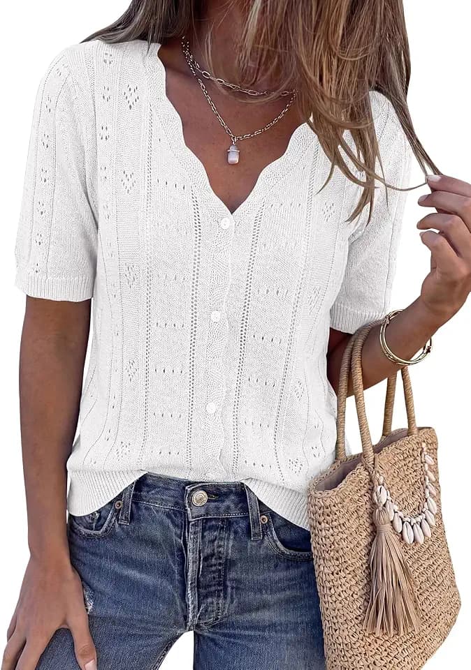 PRETTYGARDEN Womens Short Sleeve Crochet Knit Sweater Summer Fashion 2026 Button Down Lightweight Cardigans Summer Tops