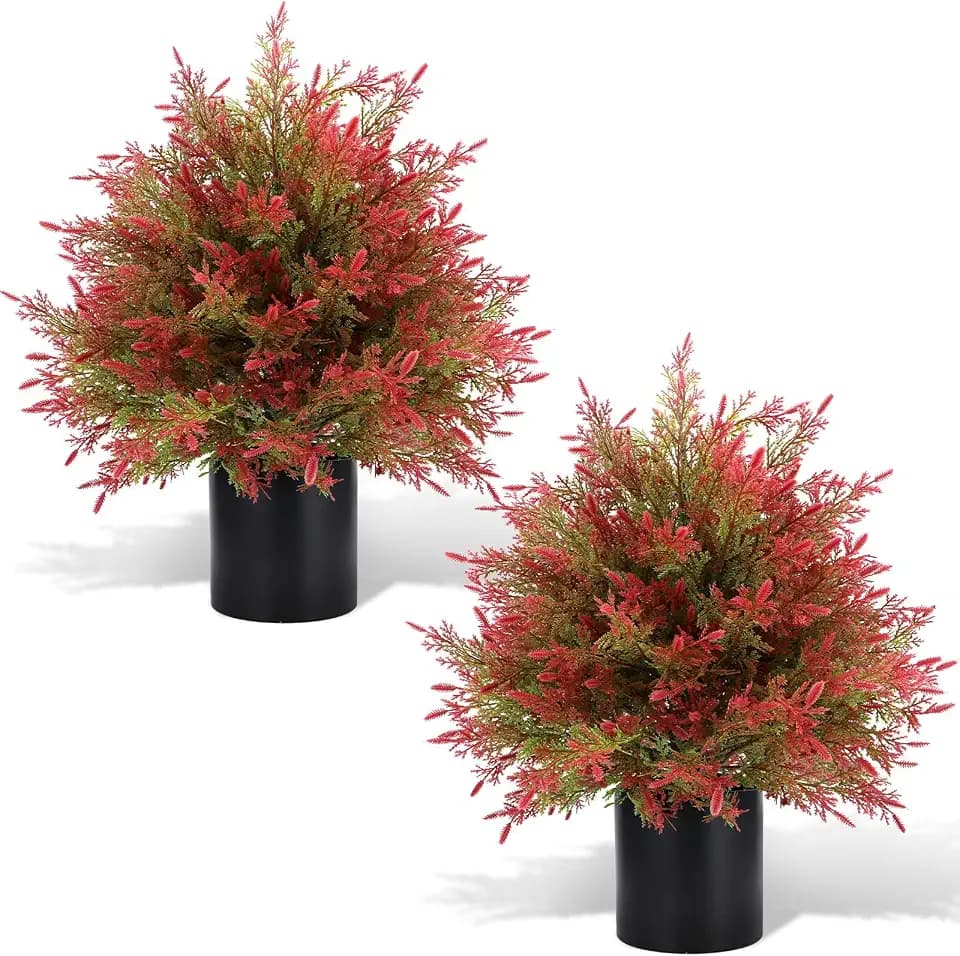 Artificial Fall Cedar Topiary Trees in Pot, 2 Pack UV Resistant Faux Greenery Shrubs, Fall Decoration for Outdoors, PE Material, Realistic Autumn Plants for Outside (Red Green Cedar)