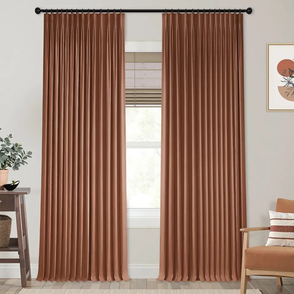 Terracotta Linen Pinch Pleated Blackout Curtains, Rust Colored Western Boho & Rustic Farmhouse & Mid Century Modern Decor Drapes, Vintage Cozy Window Panels for Bedroom Living Room, 96 Inches Long