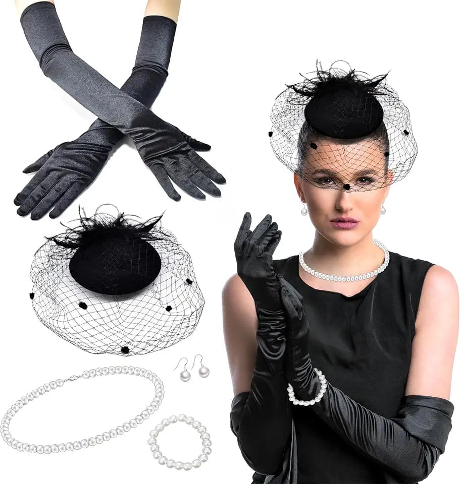 Fascinator Hut, 5 Stück Damen Fascinatoren Hüte, Schwarz Schleier Hut Kopfschmuck Handschuhe für Hochzeits Karneval Cocktail Hochzeit Tee-Party Feier