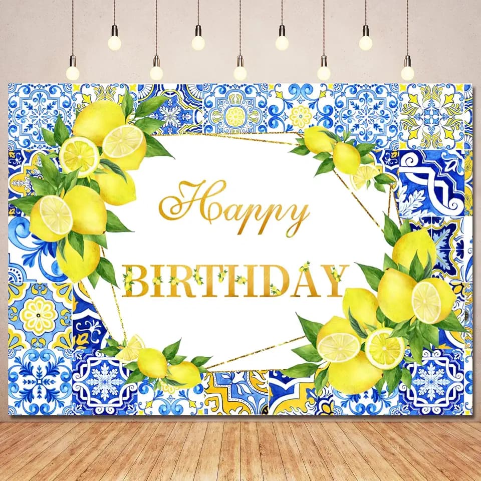 Lemon Birthday Backdrop Lemons Party Decorations,Blue Tiles Morocco Mediterranean Backdrops Italy Lemon Birthday Banner Photography Background for Happy Bday Supplies Photo Booth Prop 7x5ft