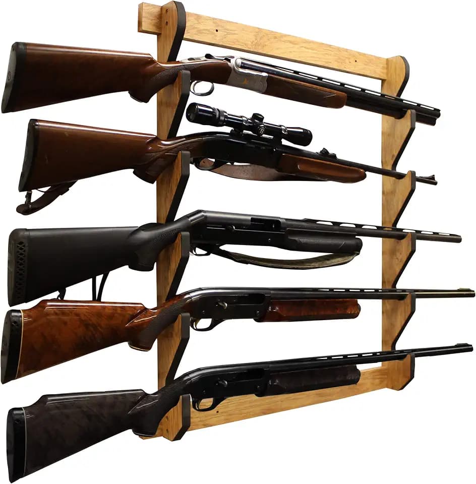 Rush Creek Creations Indoor Wood Wall Gun Rack for up to 5 Rifles or Shotguns, 5-Gun Wall-Mount Long Gun Display Rack with EVA Padded Grooves and Mounting Hardware, American Cherry