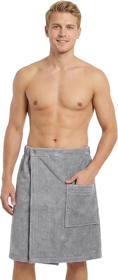 LAYNENBURG Premium Saunakilt Herren mit Knopfverschluss - 100 % Baumwolle – Öko-Tex 100 - Männer Saunatuch - Frottee Sauna-Handtuch, Kilt Gummizug für Wellness, Spa & Sauna (M-XL hellgrau)