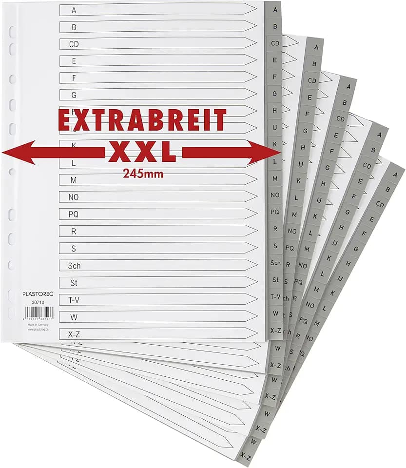 5er Set XXL 20-teiliges Register/Trennblätter extra breit aus PP DIN A4+ mit Buchstaben A-Z, volldeckend + praktischem Deckblatt aus Papier. Trenn-Blätter überbreit für die Ordner-Organisation im Büro