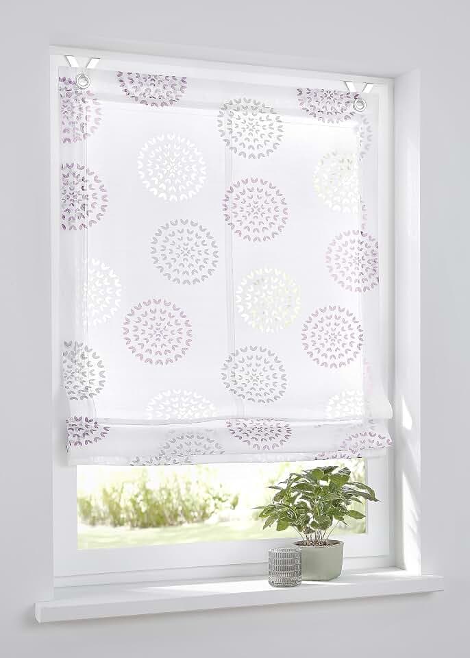 Ösenrollo Bella Ausbrenner Weiss Bedruckt Kreis Motiv Weiss Rose, 45 x 140 cm, incl. Fensterhaken