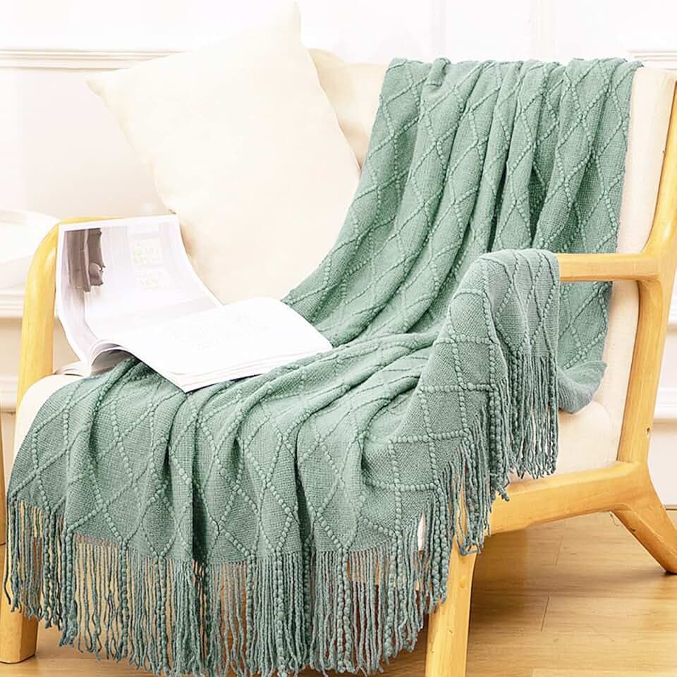 LumiSyne Gestrickte Decke Mit Quaste Einfarbig Geometrische Muster Kuscheldecke Strickdecke Tagesdecke Überwurf Couchdecke Dekorative Decke Für Sofa Bett 170x130cm
