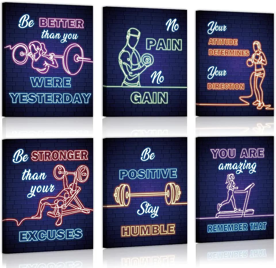 CHDITB Fitness Motivation Framed Canvas Wall Art, Inspirational Exercise Artwork, Workout Quote Wall Decor, Barbell Dumbbell Poster, Retro Neon Sport Art Prints for Home Gym Bedroom Decor 8”X10”x6