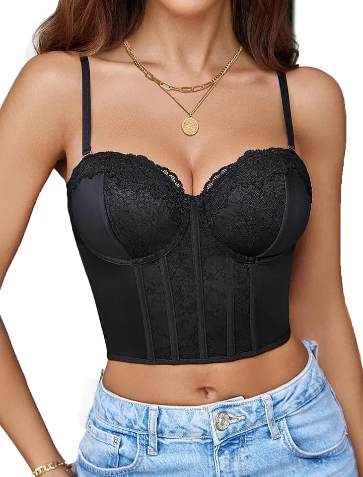 Avidlove Bustier Tops for Women V Neck Lace Bralettes with Underwired Sexy Corset Concert Crop Top
