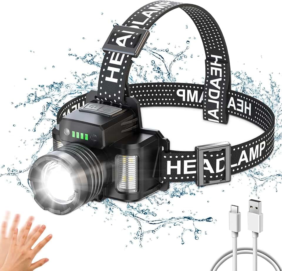 NIUAWASA Stirnlampe LED - 18000lm Wiederaufladbar Stirnlampe zoombar Bewegungsmelder 24 Stunden Laufzeit wasserdicht für Camping Angeln Laufen Wandern Lesen Arbeiten