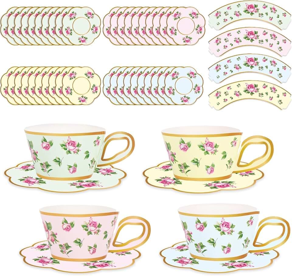JarThenaAMCS 60 Sets Tea Party Cupcake Wrappers and Plates Vintage Floral Cupcake Liners with Handle Flower Teacup Disposable Paper Dessert Holder for Wedding Birthday Spring Party Cake Decoration
