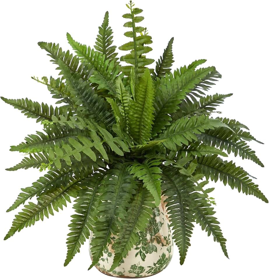 Nearly Natural 15in. Boston Fern Artificial Plant with Tuscan Ceramic Green Scroll Planter