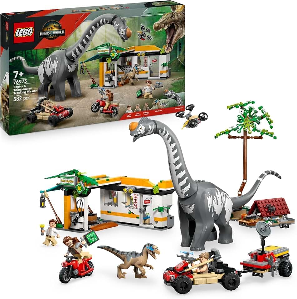 LEGO Jurassic World Raptor & Titanosaurus: Große Fährtensuche – 2 Spielzeug Dinosaurier Figuren, EIN Geländewagen, EIN Motorrad und 3 Minifiguren – Geschenk für Jungen und Mädchen ab 7 Jahren – 76973