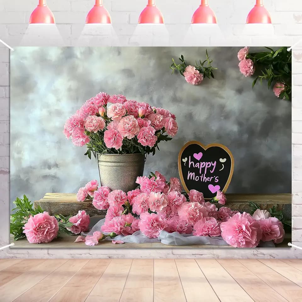 7x5ft Mother's Day Backdrop, Pink Carnation Background for Mothers Day Party Decoration, Floral Mother's Day Photoshoot Props