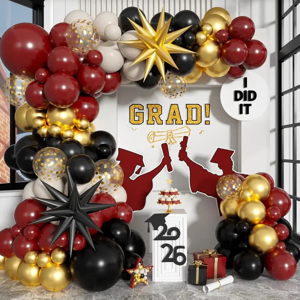 Graduation Balloon Arch Kit 2026 Burgundy and Gold Balloon Garland Maroon Black Gold White Sand Balloons with Star Foil for Congrats Grad Class Retirement Birthday Party Decorations, 107Pcs