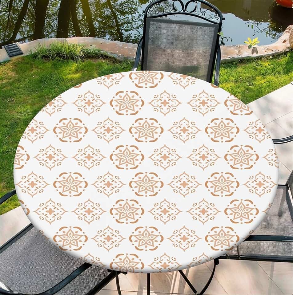 Runde Outdoor-Tischdecke, wasserdichte Elastische Tischdecke mit Gummizug Boho-geometrisches Muster für Garten Restaurant, Ideal für 140cm-150cm