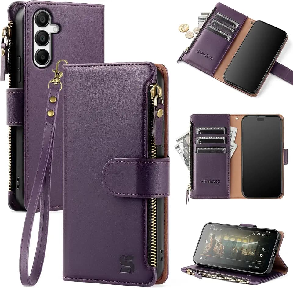 Shieldtop Compatible with Samsung Galaxy A16 5G Wallet Case with Card Holder,PU Leather Phone Case Flip Protective Cover Wrist Strap Zipper pocket Credit Card Slots RFID Blocking Women Men,Dark Purple