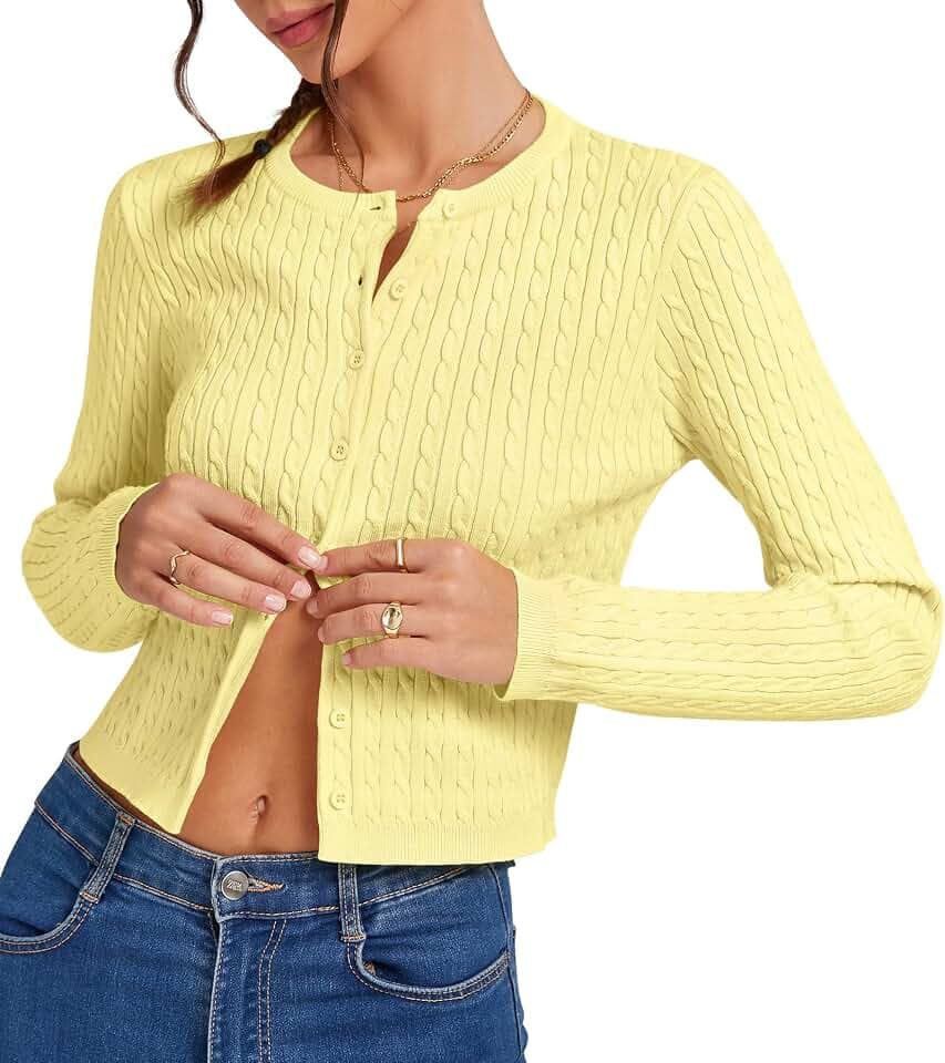 Women Cropped Cable Knit Cardigan Lightweight Button up Sweater
