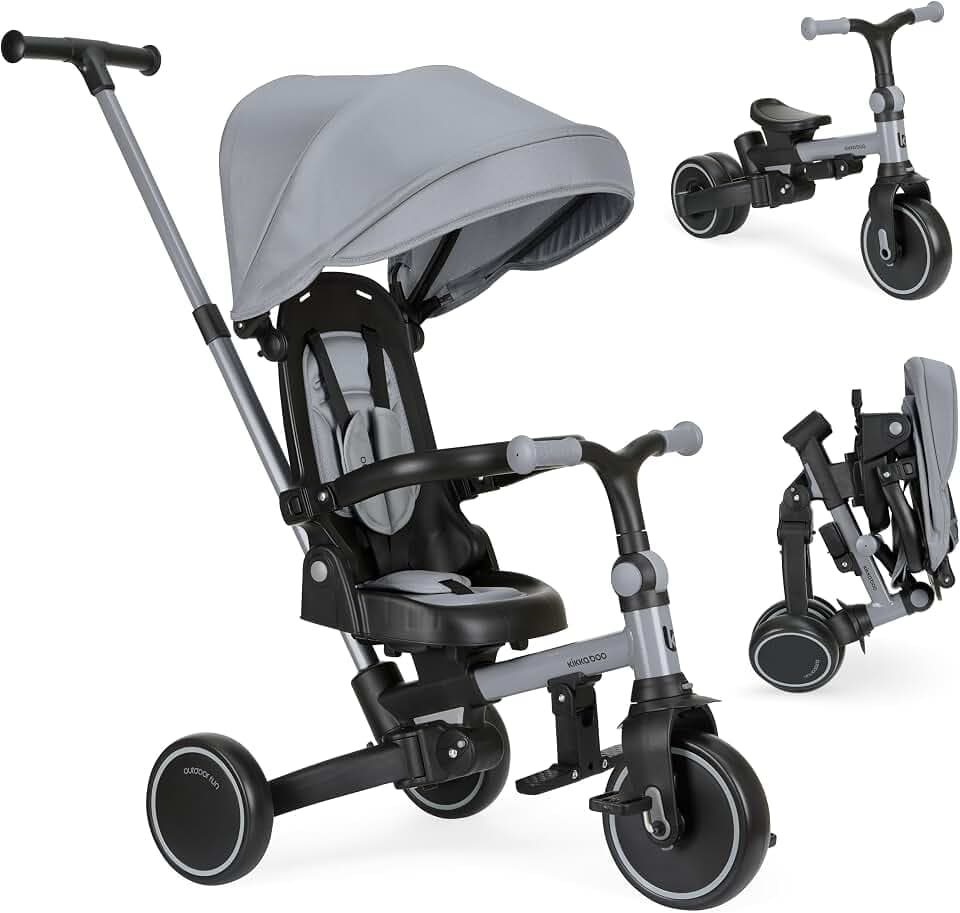 KikkaBoo Dreirad ab 1 Jahr mit Schubstange 8-in-1 ALUMA, Faltbares Kinderfahrzeug mit Drehbarem Sitz, 5-Punkt-Gurt, Aluminiumrahmen, Grau