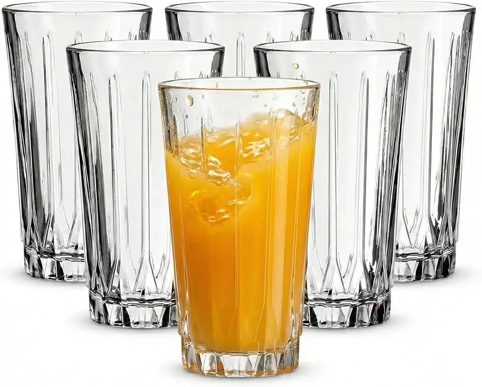 Ribbed Glass Tumbler Set of 6, 11.5 oz Highball Drinking Glasses for Water, Juice, and Cocktails, Clear Fluted Glassware, Dishwasher Safe