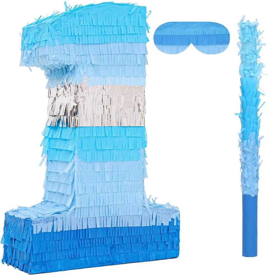 Number 1 Pinata Bundle with a Blindfold and Bat(16.2 x 10.7 x 4 Inches), Perfect for Boys and Girls Birthday Party Supplies, Blue Theme Birthday Decoration