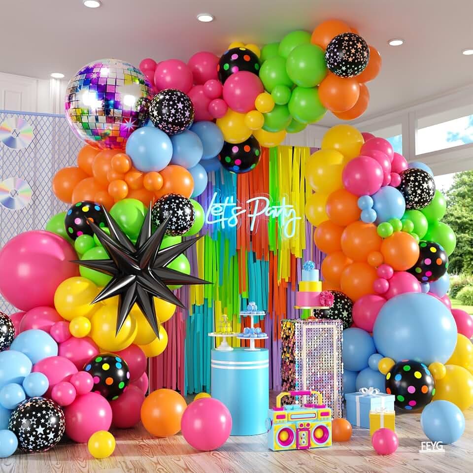 Neon Balloon Arch Kit, Disco Party Decorations with Rainbow Balloons