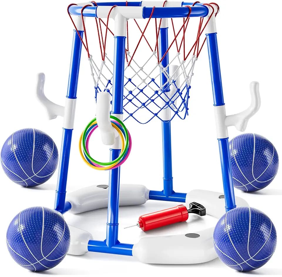 2-in-1 Pool Basketball Hoop & Ring Games with 4 Balls 12 Rings and Pump, Summer Water Outdoor Party Swimming Pool Toys Games for Kids Ages 4-8 8-12 Adult, Family Water Party Birthday Games Toys