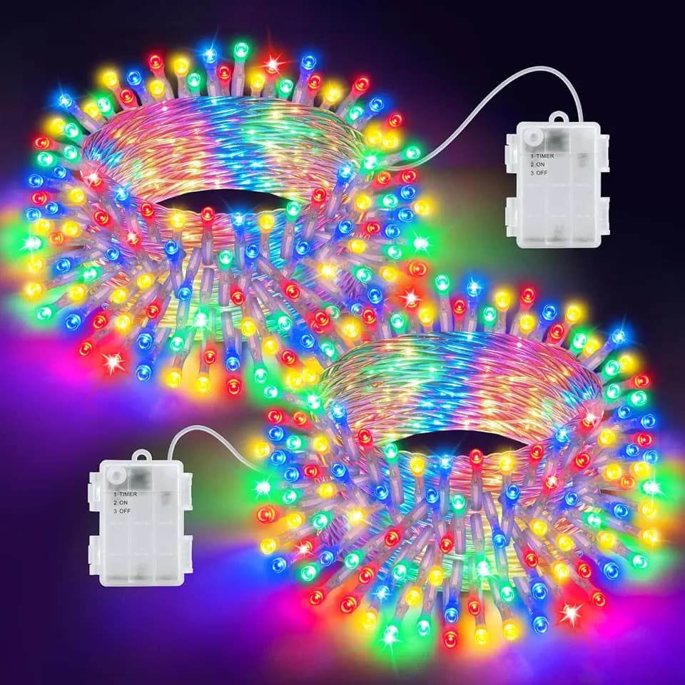 Christmas Lights Outdoor Battery Operated Total 100LED 33ft for Christmas Decorations 16.4Ft*2, 50LED*2 Waterproof Indoor with Timer for Christmas Decor, Multicolor