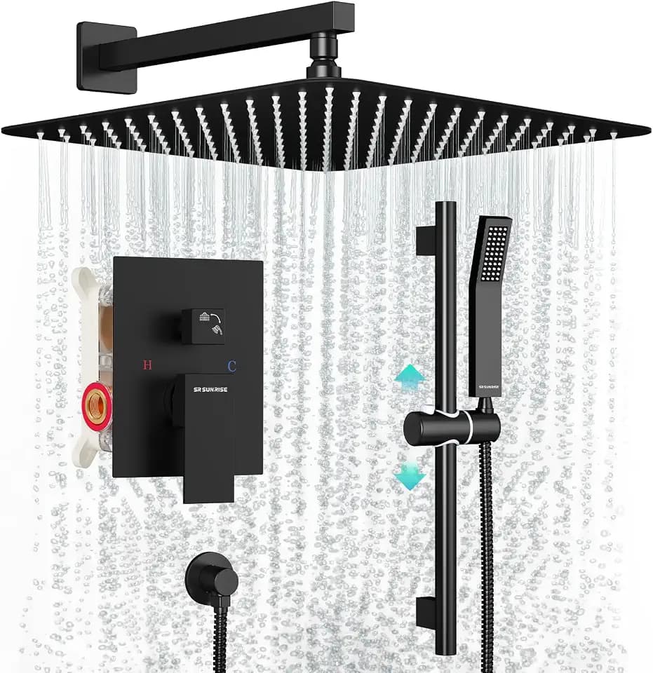 SR SUN RISE 12 Inch Square Shower System with Slide Bar,Matte Black