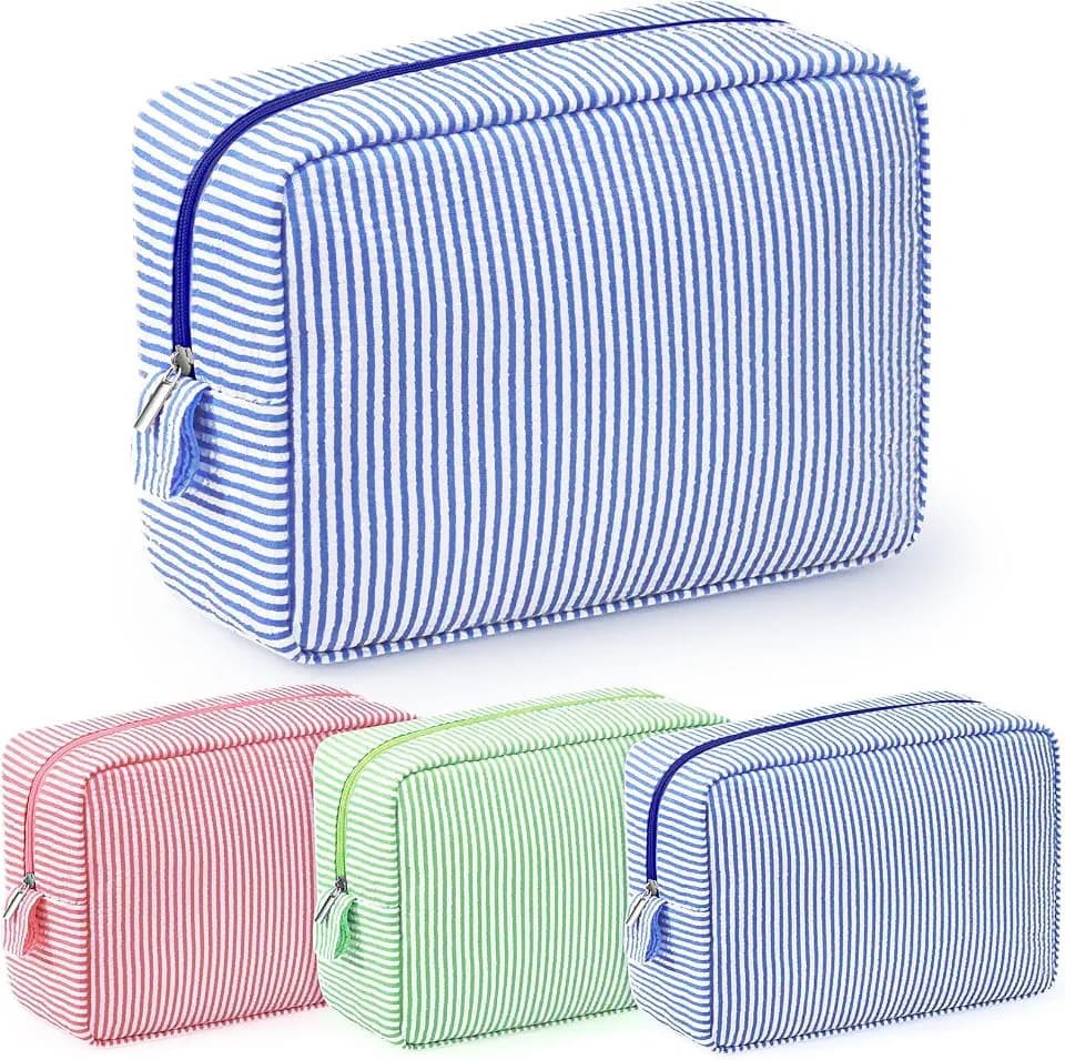 Sanwuta 3 Pcs Seersucker Makeup Bags, Pink, Blue, Green