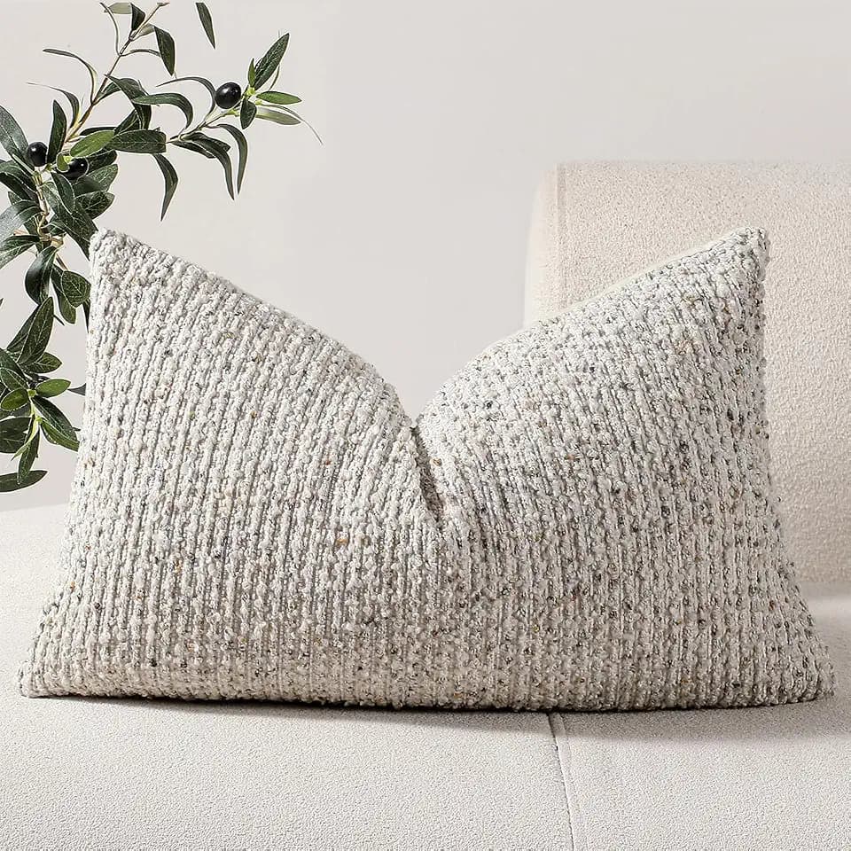 DEZENE 12x20 Cream Grey Lumbar Pillow Cover Textured Boucle Striped Chic Morden Boho Accent Farmhouse Rectangular Decorative Couch Pillow Case for Home Decor Bed Sofa Living Room