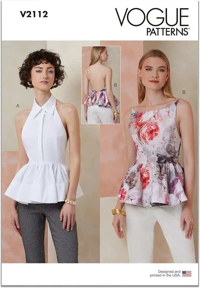 Vogue V2112U5 Misses' Sleeveless Peplum Tops Sewing Pattern Packet, Design Code V2112, Sizes 16-18-20-22-24