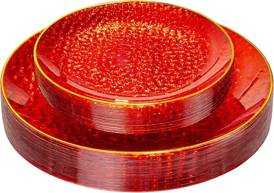SUT 36Pcs Red Plastic Plates, Hammered Plates Disposable Heavy Duty, Red Disposable Plates With Gold Rim, Fancy Plastic plates Include 18 Dinner plate and 18 Dessert plate for Wedding