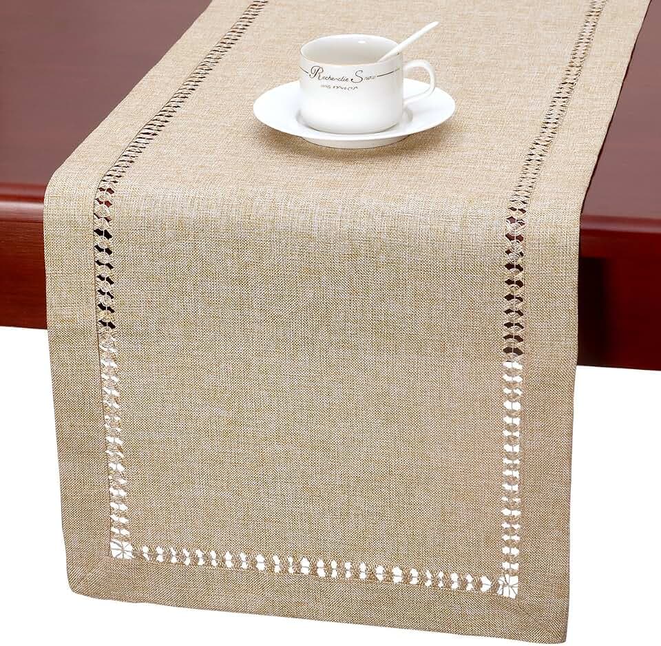 Grelucgo Large Handmade Hemstitch Beige Table Runner, Rectangular 14 by 132 Inch