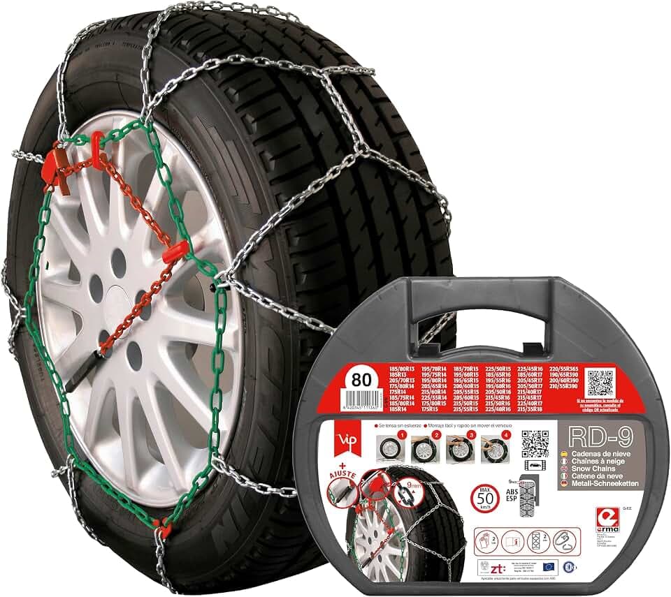 VIP RD9 - Schneeketten aus Metall RD9 mm, Größe Nr. 80, Set 2-tlg., Inkl. Handschuhe