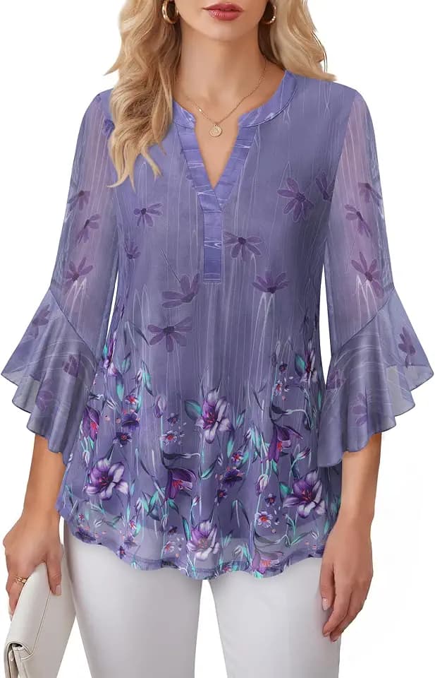 Lotusmile Women's 3/4 Sleeve Dressy Tops Elegant V Neck Blouse for Women Casual Work Evening Party