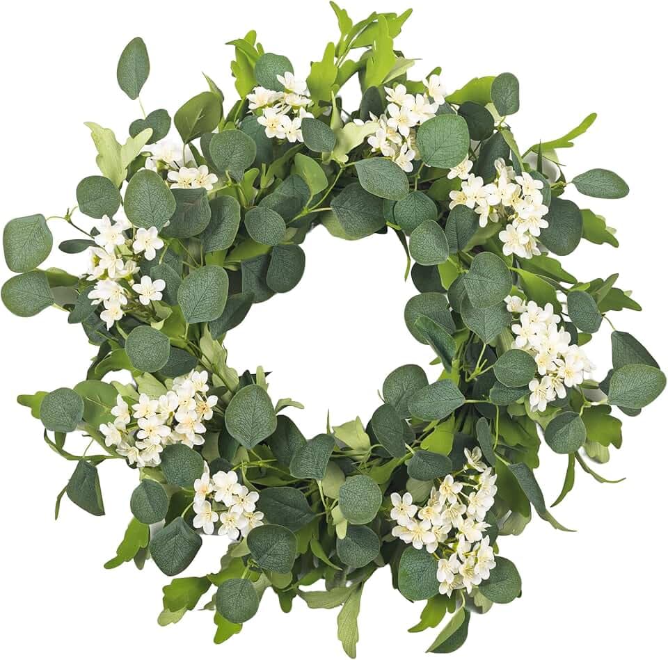 Summer Wreath for Front Door, 24 in Eucalyptus White Cherry Blossom