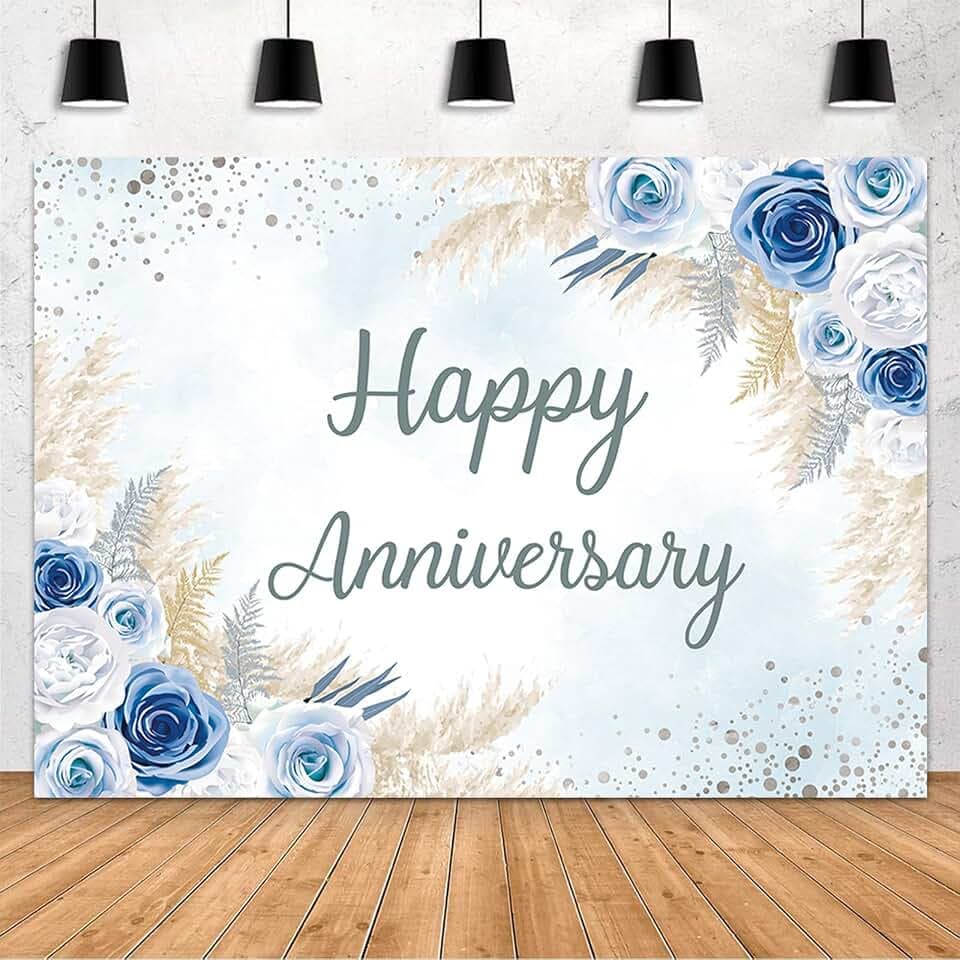 MEHOFOND Boho Happy Anniversary Backdrop Blue Floral Bohemia Pampas Grass Anniversary Banner Cheers to Marriage Wedding Party Decorations Memorial Portrait Photo Booth Background 7x5ft
