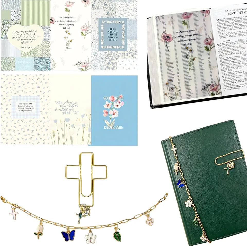 Bible Inserts Gift Set for Scripture Journaling, 6 Pcs Translucent Vellum Tip-Ins Page Overlays, Bible Charm Chain, Pen Holder with Charms, Bible Study Accessories, Christian Faith Gift (Style-C)