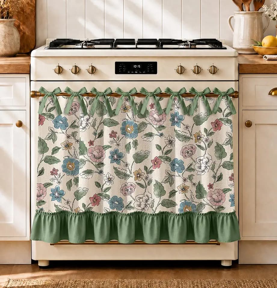 Farmhouse Oven Curtain with Tie Top, Linen Blend, Green Vine