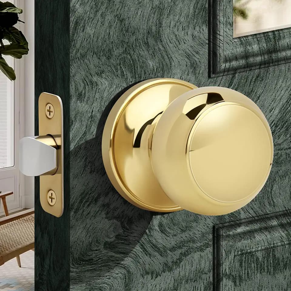 Moquin Gold Passage Door Knob Without Lock or Key, Non-Locking Interior Flat Ball Door Knob for Hallway or Closet, Polished Brass
