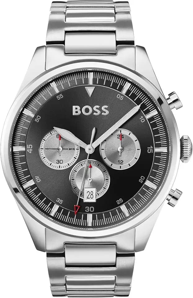 BOSS Herren Chronograph Quarz Uhr 44 mm Pioneer Collection mit Schwarzem Zifferblatt, Silbernem Edelstahlarmband, Datumsfunktion, 3 Hilfszifferblätter, 5ATM Wasserdichtigkeit - 1513712